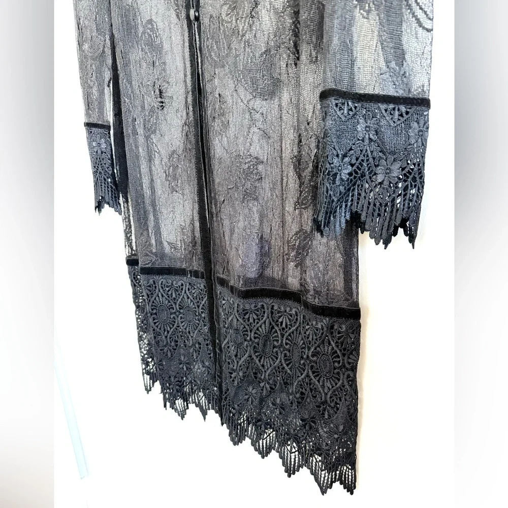 Sue Wong Nocturne Vintage 90s Black Lace Cardigan Jacket Coat Velvet Trim Sz M - Picture 6 of 13